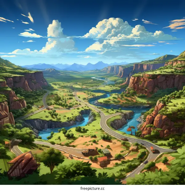 A winding road through a valley with a river