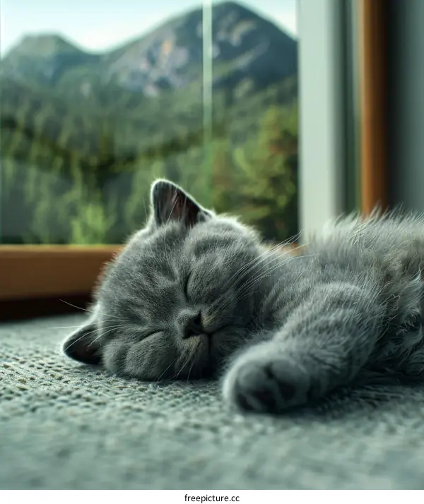 A cute gray kitten sleeping on the floor in front of a window
