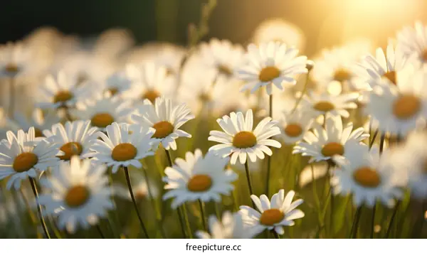 Field of daisies with the sun shining on them