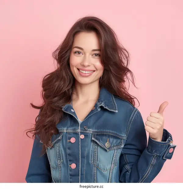 A young woman in a blue denim jacket giving a thumbs up