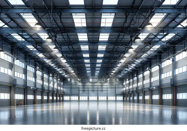 Large Industrial Warehouse Interior With Many Doors