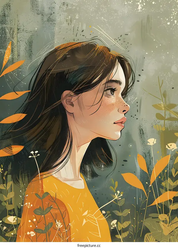 Woman in Yellow Shirt Looking at the Side with Plants in the Background