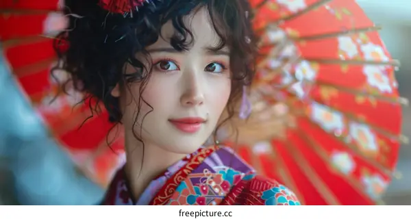 portrait of a beautiful asian woman in traditional japanese kimono with red umbrella