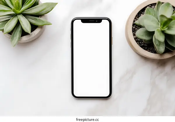 Blank Phone Screen Mockup on Marble Surface with Succulents