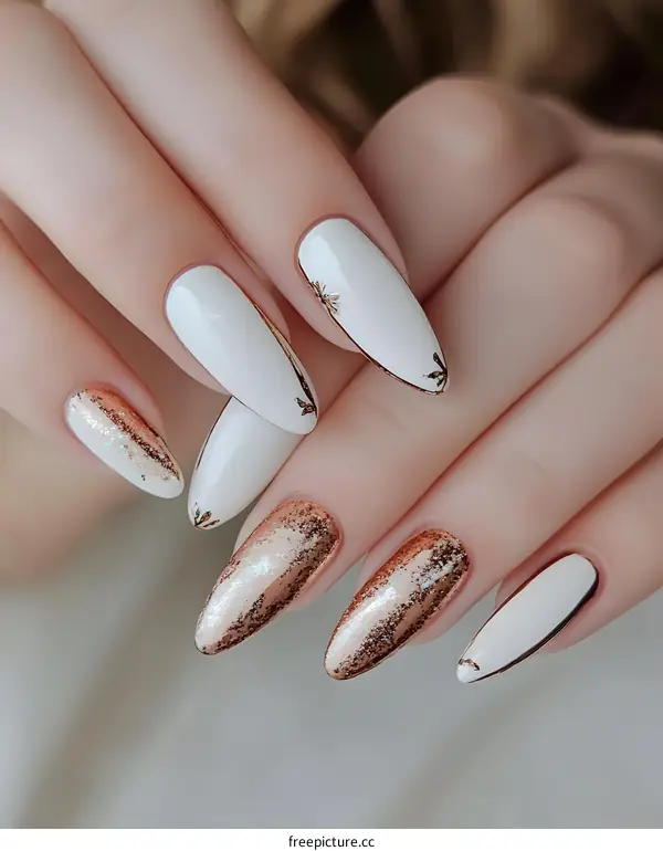 Closeup of Female Hands with White and Gold Glitter Nail Polish
