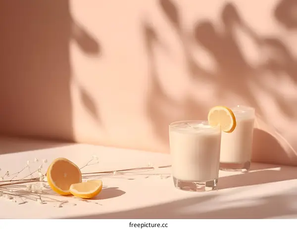 Summer Refreshing Drink with Lemon Slices and Flowers