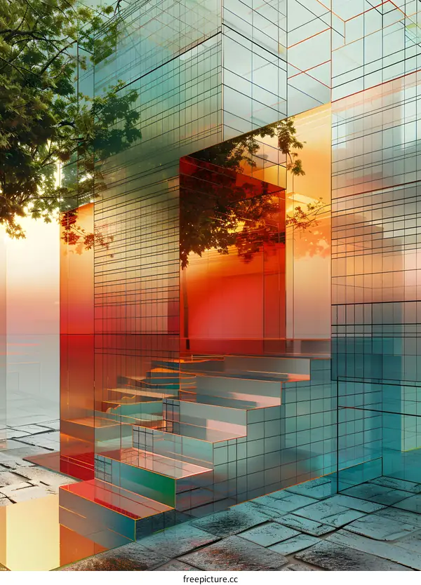 An abstract geometric structure made of glass and mirrors, reflecting the sky and trees