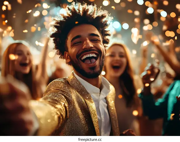 Man in Golden Suit Taking Selfie with Friends at Party