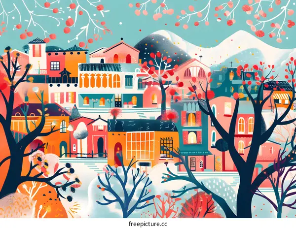 Winter Village Landscape Illustration