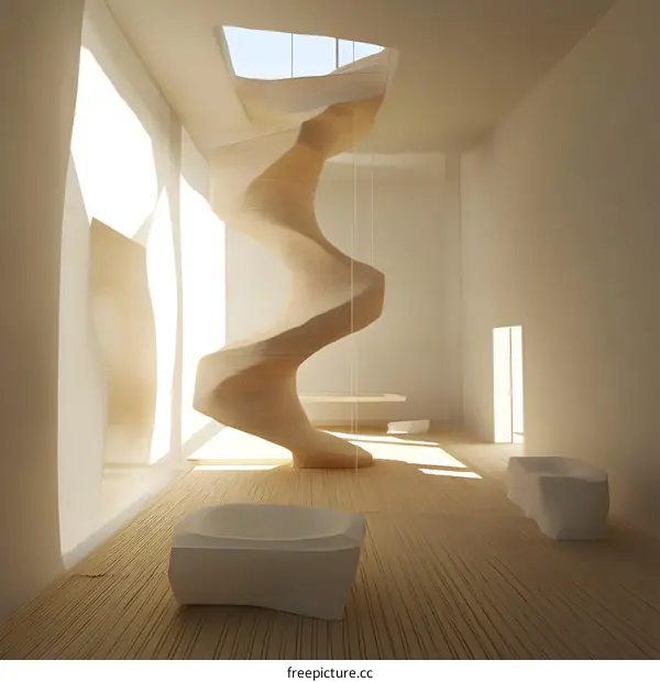 Modern Interior Design With Spiral Staircase And Wooden Floor
