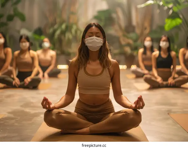 Group of women wearing face masks practicing yoga in a studio