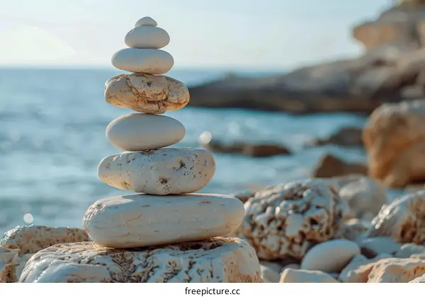 Balancing pebbles on a beach with the sea in the background