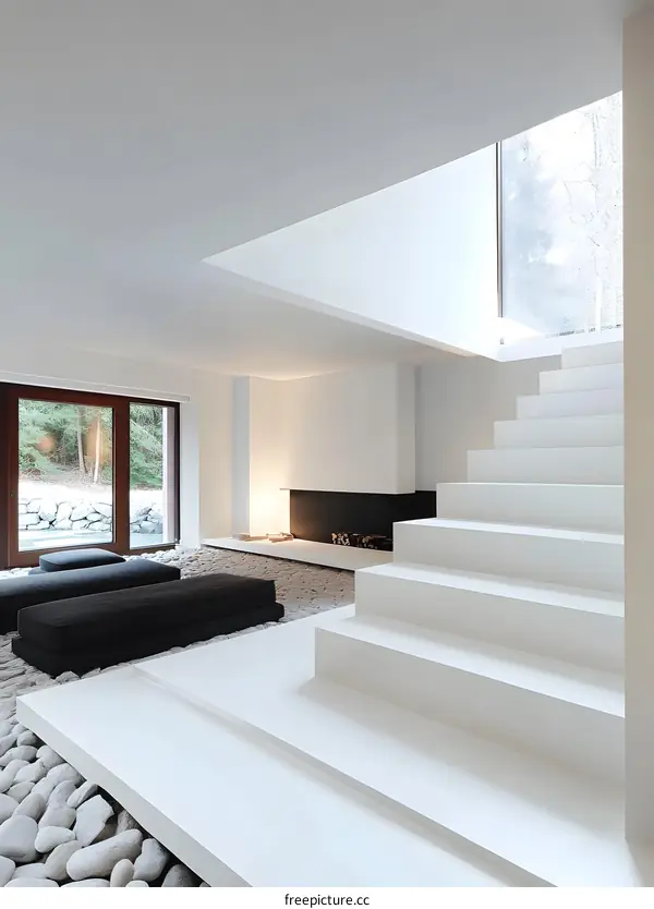 Modern Interior Design with White Staircase and Stone Floor