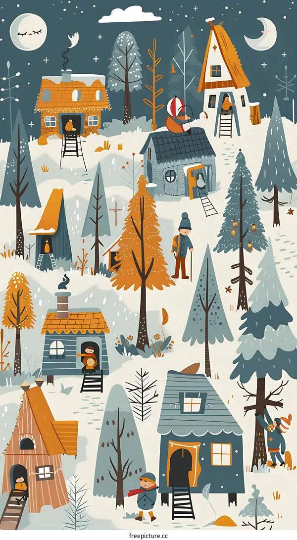 Winter Wonderland with Cute Houses and People