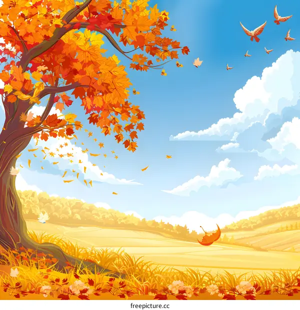 Autumn Landscape with Falling Leaves and Birds