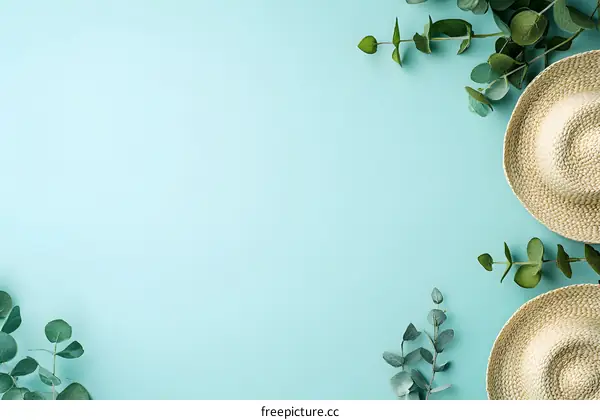 Two Straw Hats with Eucalyptus Leaves on a Blue Background