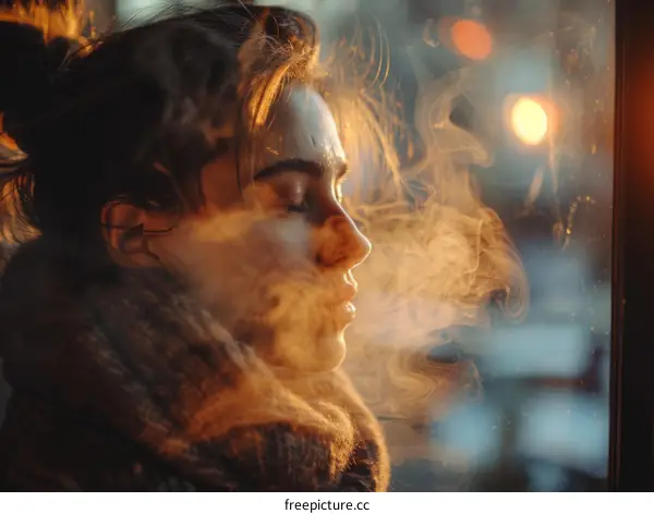 Young woman smoking near window
