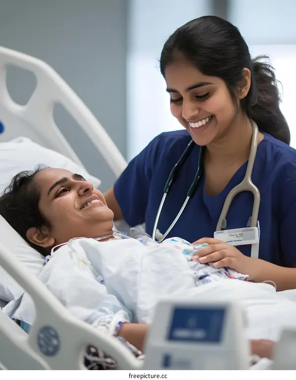 Indian Female Nurse Caring for Patient in Hospital Bed