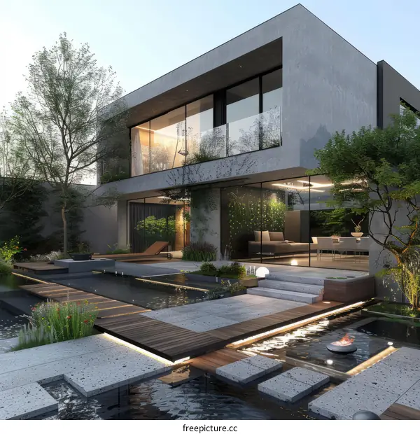 Modern House Exterior With Pool And Garden