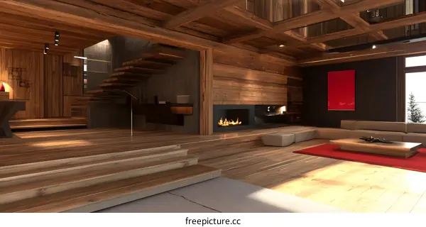 Modern Wooden Interior Design with Fireplace and Staircase
