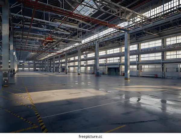 Empty Industrial Warehouse Interior With Sunlight