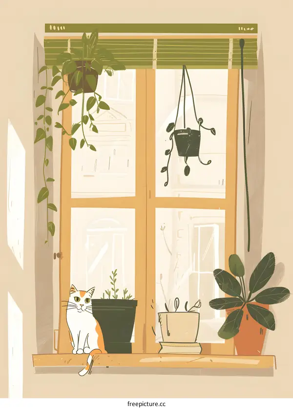 Cat Sitting by Window With Plants