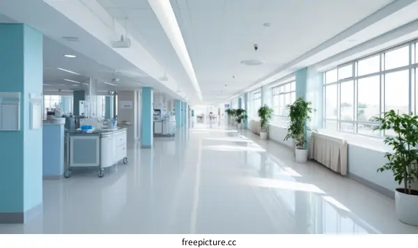 Modern Hospital Corridor with Shiny Floor and Large Windows