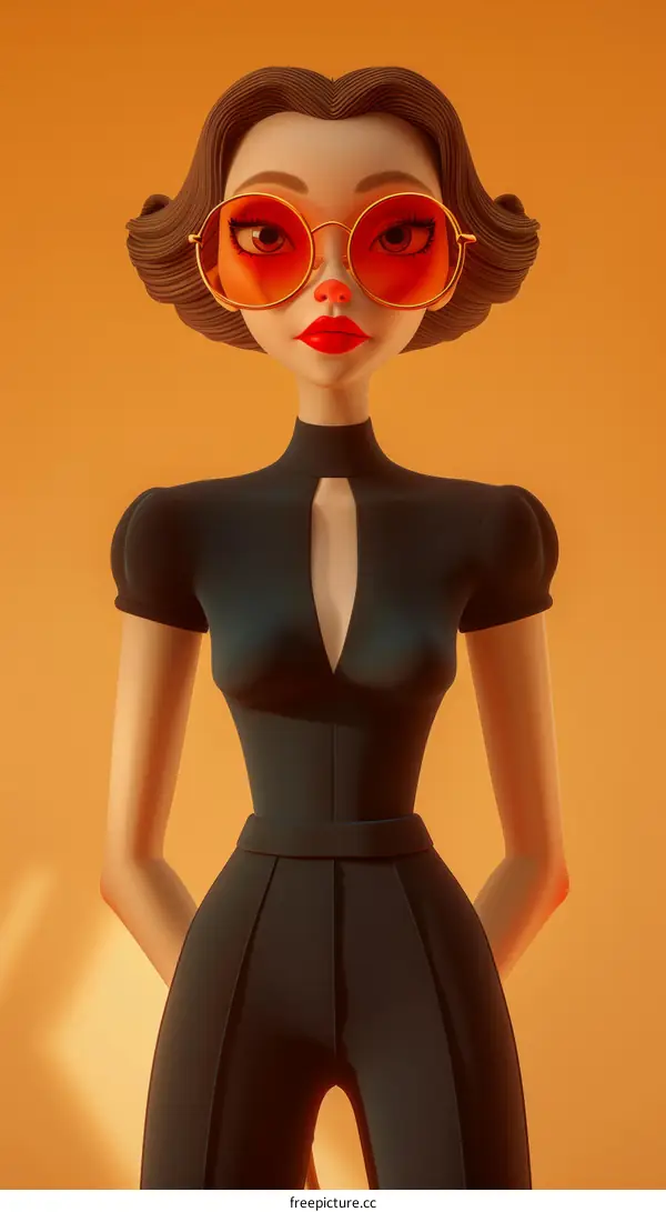 3D Illustration of a Woman in Black Jumpsuit with Red Sunglasses