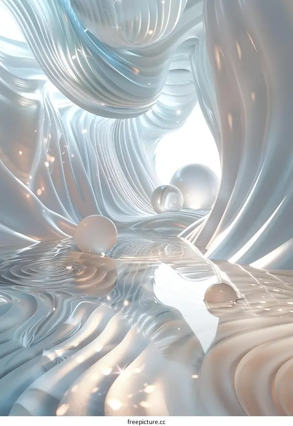 Abstract White Flowing Curves Background with Spheres