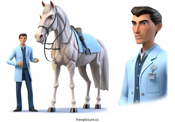 An illustration of a veterinarian with a white horse