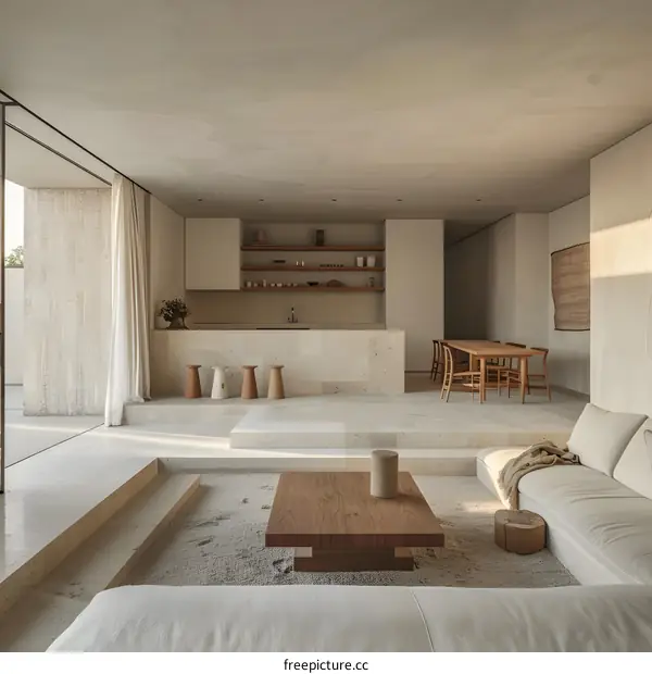 Minimalist Modern Living Room Interior Design With Open Kitchen and Beige Walls