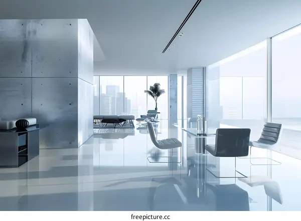 Modern Interior Design with Concrete Walls and Glass Table