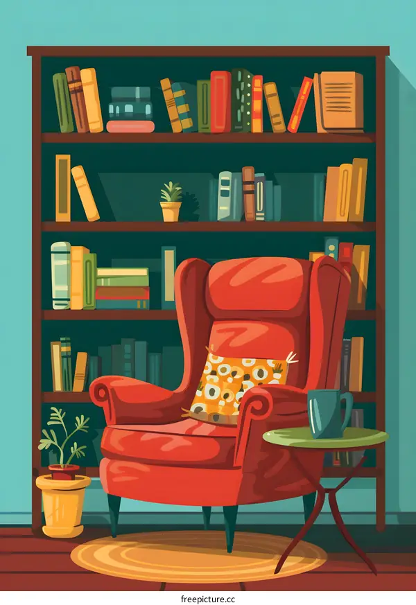 Red Armchair and Bookshelf in a Cozy Living Room