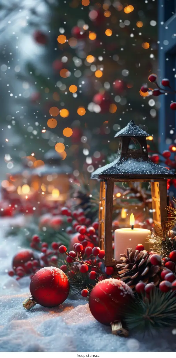 Red Christmas Lantern with Candle and Festive Decorations