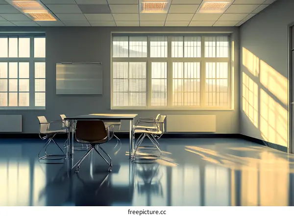 Modern Office Interior Design With Large Windows And Sunbeams
