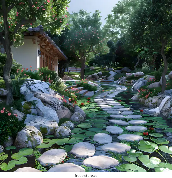 Stepping stones in a garden with a house