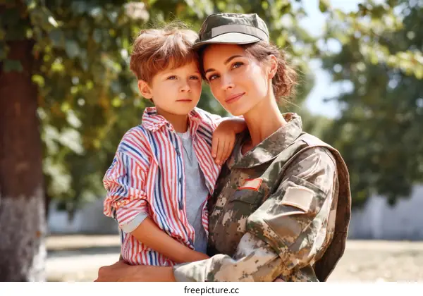 Military Mother and Son Outdoors