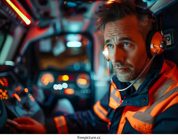Ambulance driver wearing a headset and looking at the road