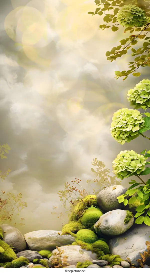 Green Hydrangea Flowers and Mossy Stones with Blurred Sky Background