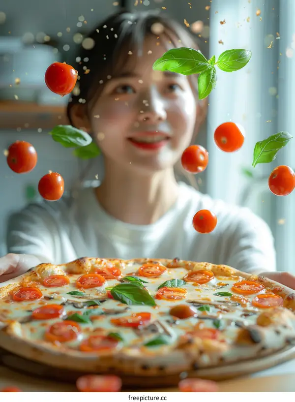 A woman is making a pizza. She is smiling and looks happy.