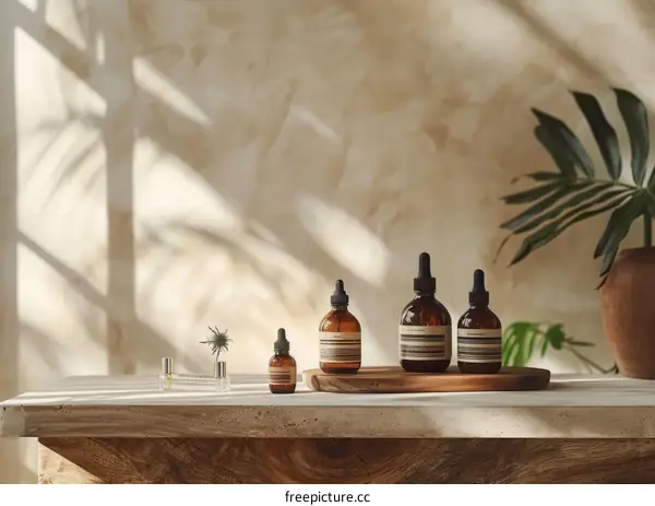 Natural skincare products on a wooden table