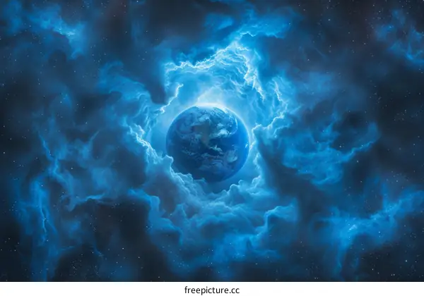 Earth from Space surrounded by Blue Nebula