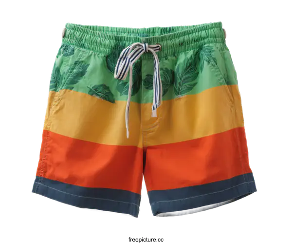 [Transparent Background PNG]Colorful Striped Swim Trunks with Tropical Leaf Print
