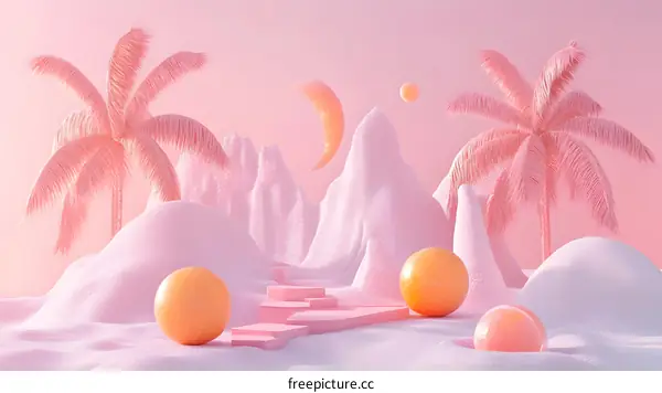 Pink Minimalist 3D Landscape with Palm Trees and Spheres