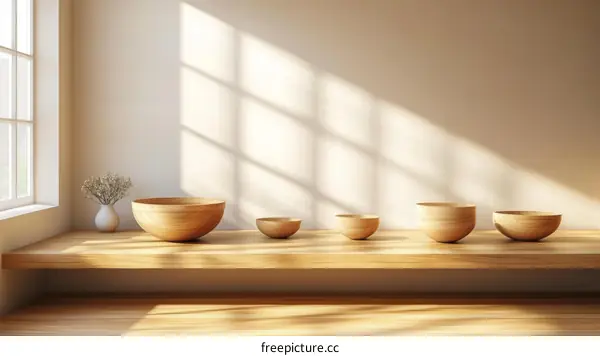 Wooden Bowls on Wooden Shelf in Minimalist Interior