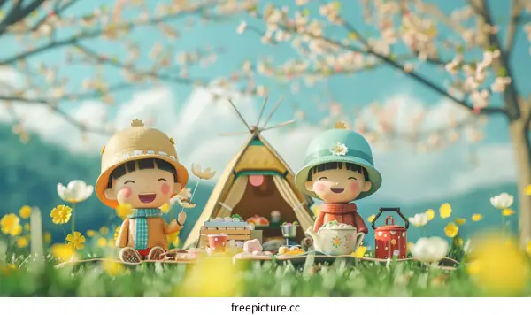 Two friends having a picnic in a field of flowers