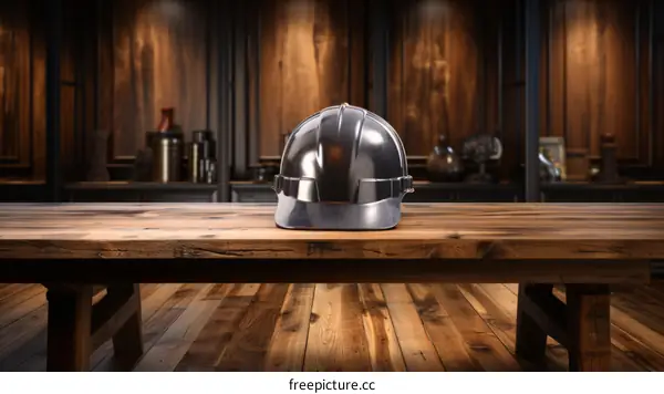 Silver hard hat on a wooden table with a wood background