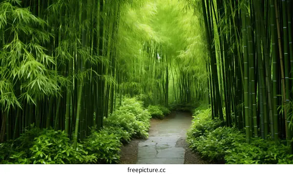 A path through a lush green bamboo forest