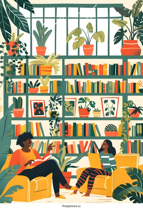 Two Women Sitting in a Room With Bookshelves and Plants