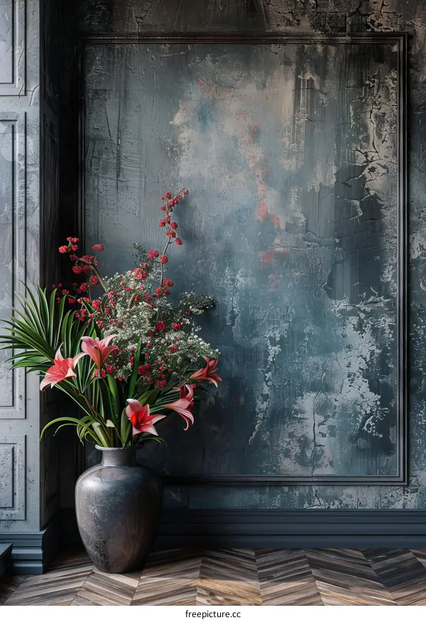 Dark Interior with Red Flowers and Green Leaves